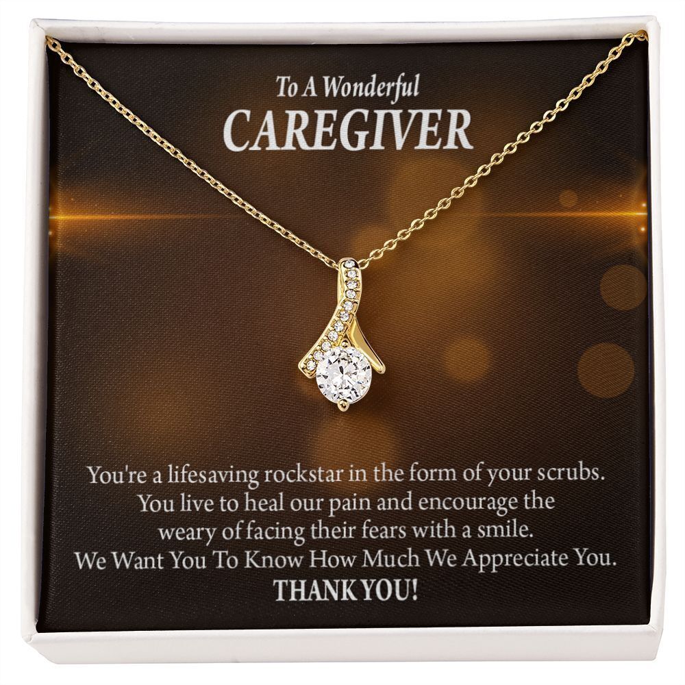 Rockstar Caregiver Ribbon Necklace Gold Tone Standard Box